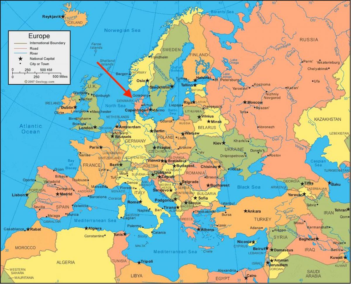 Localização da Dinamarca no mapa da Europa do Norte